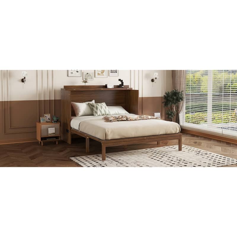 Roomfitters Queen Murphy Bed Cabinet, Pine Wood Fold-Down Bed with Power Station and Rattan Accent Panel