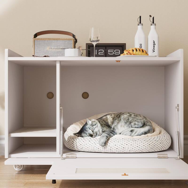 White Cat Litter Box Enclosure,Hidden Litter Box Furniture with top side fence