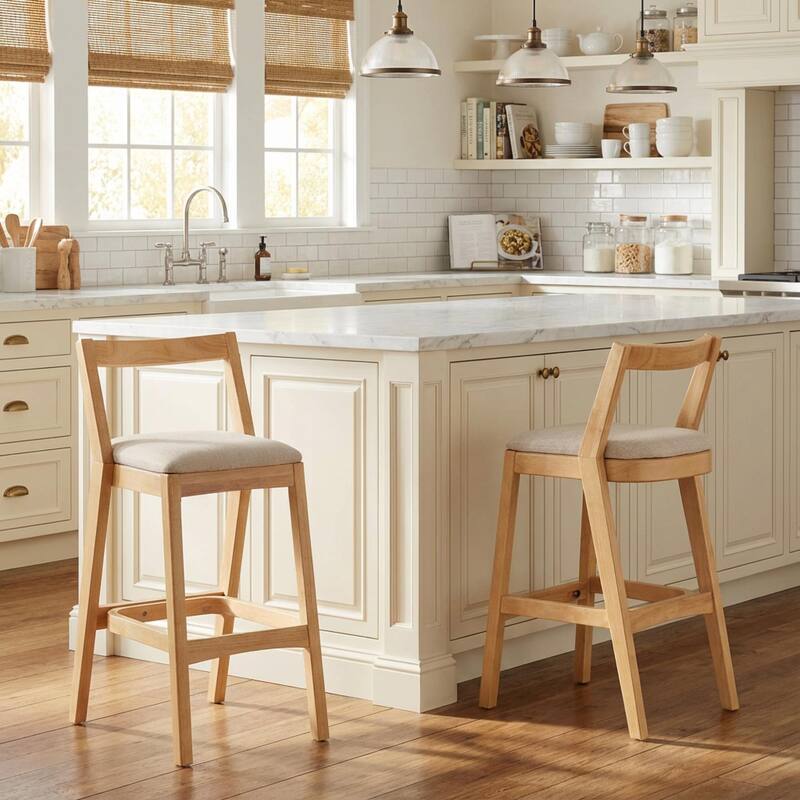 Roomfitters Jasper Indoor Rubberwood Barstools with Cushioned Seat, Beige Set of 2 - Set of 2