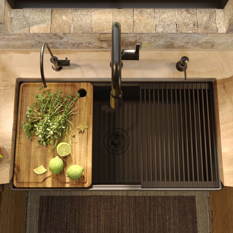 Karran 33" Single Bowl Workstation Fireclay Kitchen Sink with Reversible Diamond/Flat Apron Front