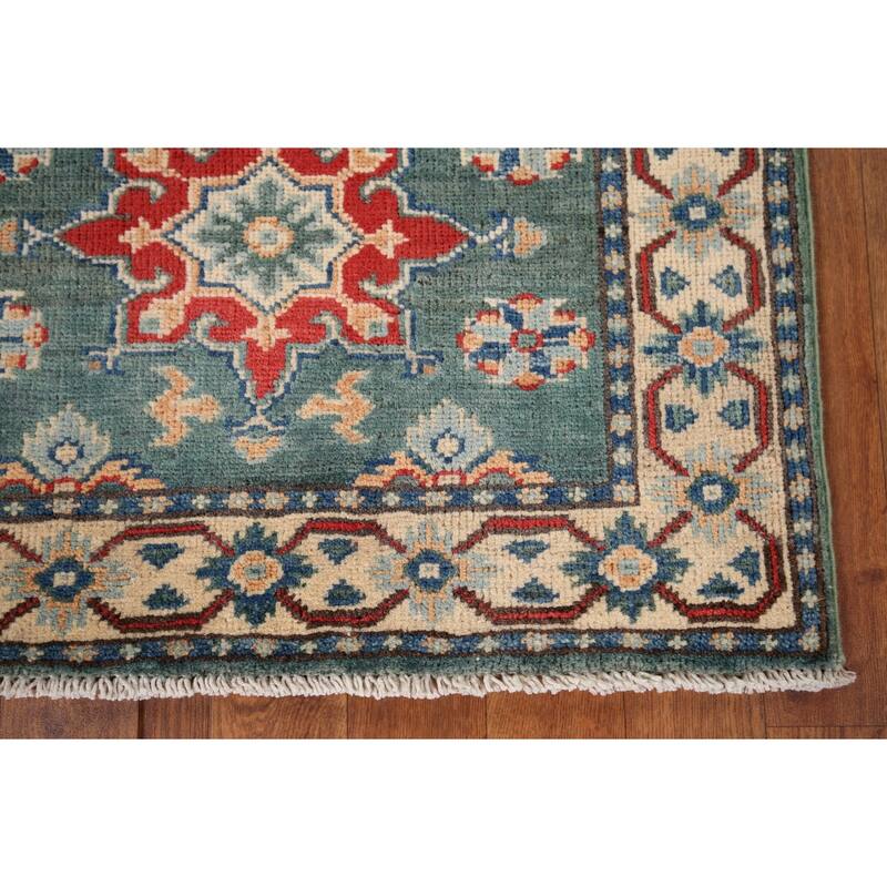 Geometric Green Kazak Oriental Runner Rug Hand-Knotted Wool Carpet - 2'3" x 5'11"