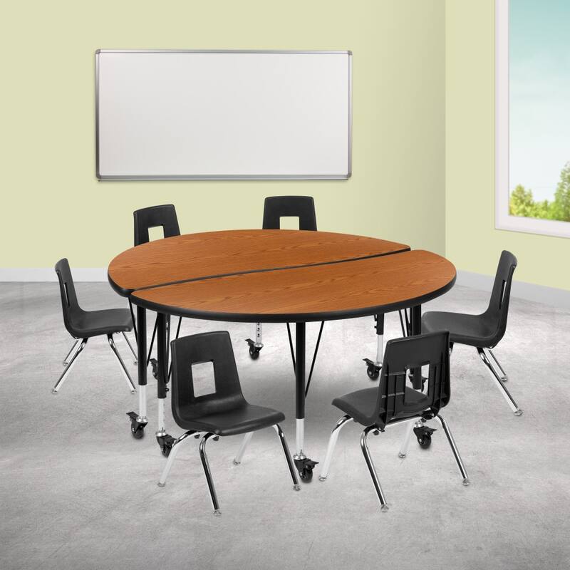 Mobile 47.5" Circle Wave Flexible Activity Table Set - 12" Student Stack Chairs - Oak