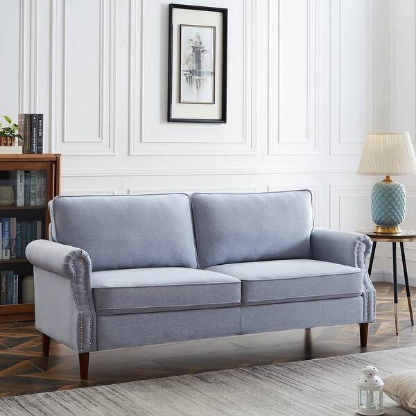 slide 2 of 16, Eucalyptus Wood Modern Linen 3-Seat Sofa with Rolled Arms and Solid Robber Legs