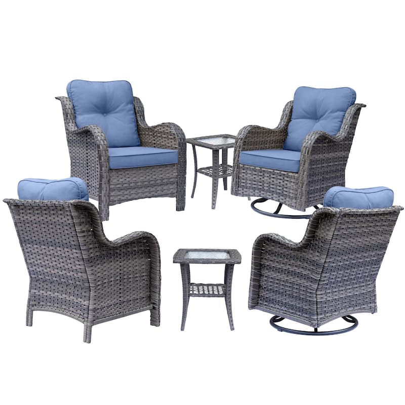 6 Piece Gray Wicker Rattan Outdoor Patio Conversation Swivel Chair Set
