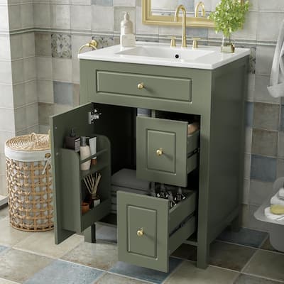 24'' Bathroom Vanity w/ Ceramic Sink Top, Modern Bathroom Vanity Cabinet w/ 1 Soft Close Door, 2 Soft Close Drawers & Door Racks