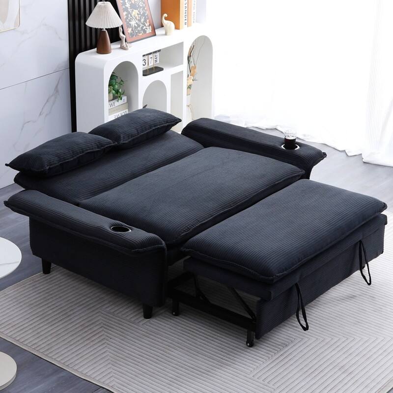 65.7" Corduroy Upholstered Pull-out Sofa With Cup Holder