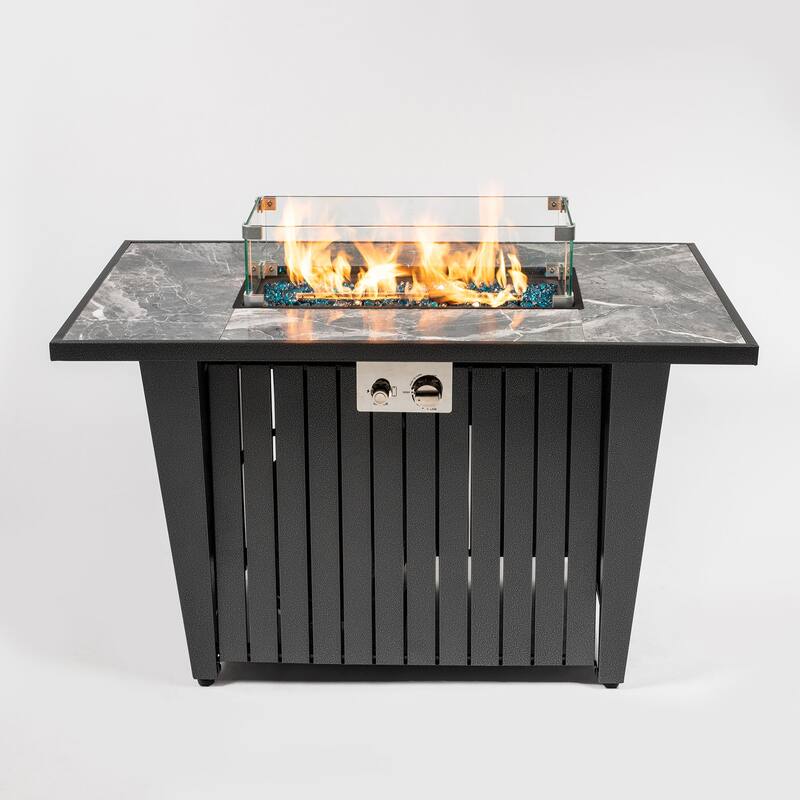 GDFStudio - Callahan 42" Steel Outdoor Fire Pit Table with Marble Tile Top, Glass Wind Guard & 50,000 BTU Flame