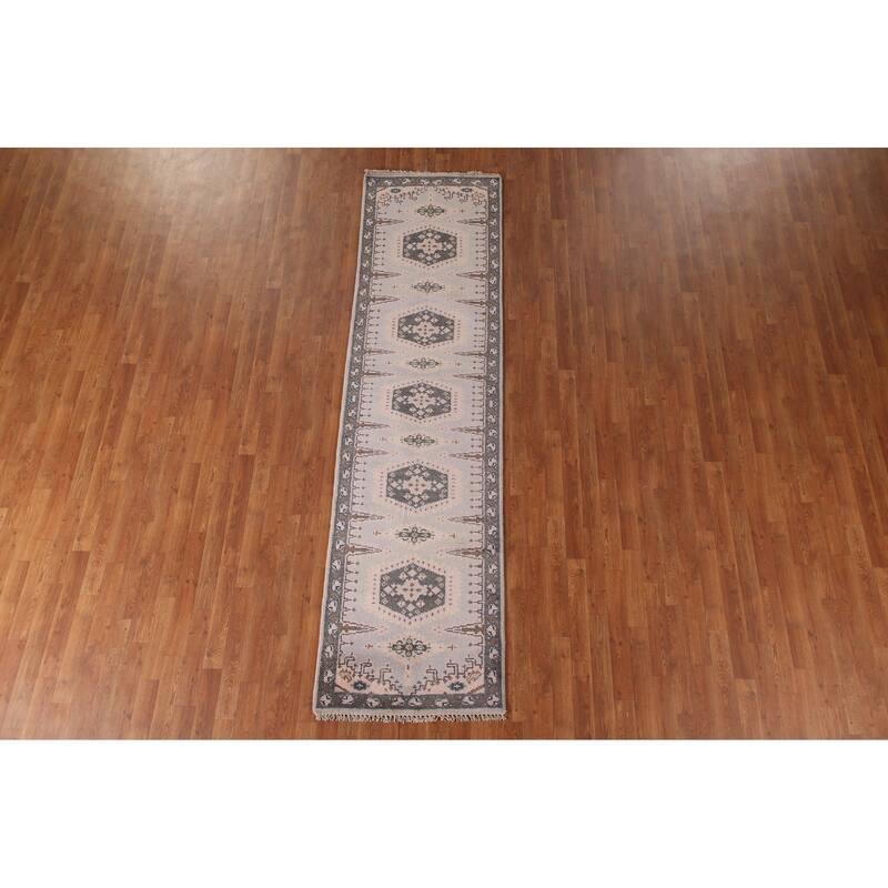 Geometric Kazak Runner Rug Hand-Knotted Grey Wool Carpet - 2'7"x 9'10"