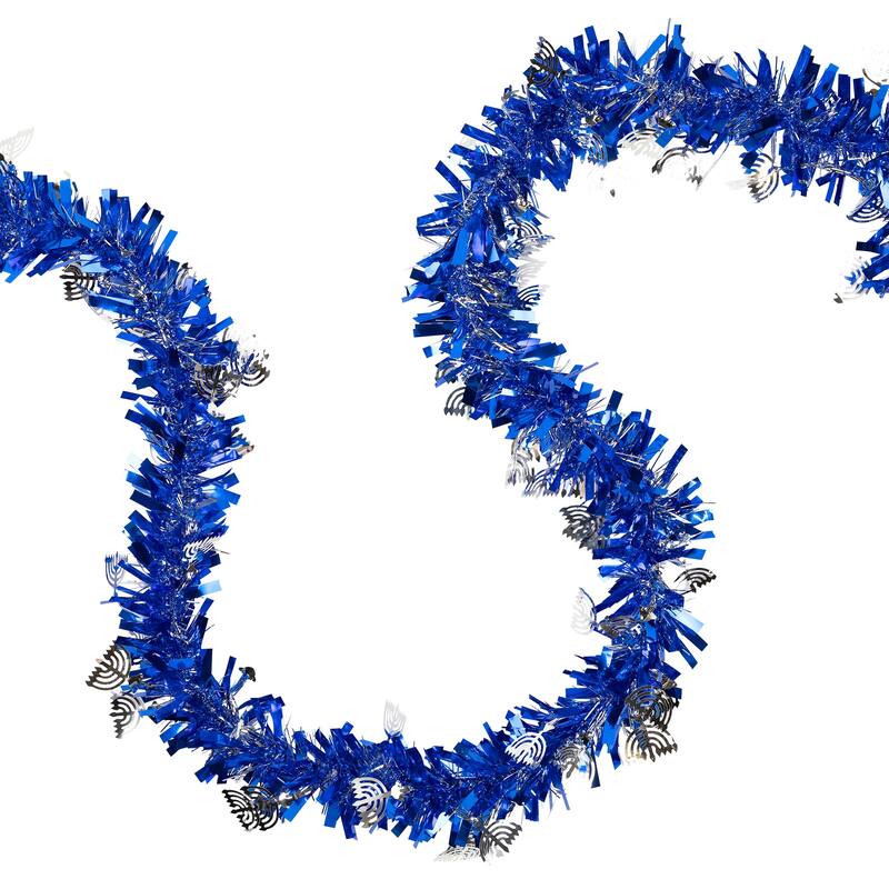 Menorah Hanukkah Tinsel Garland - 50' x 3.5" - Blue & Silver - Unlit