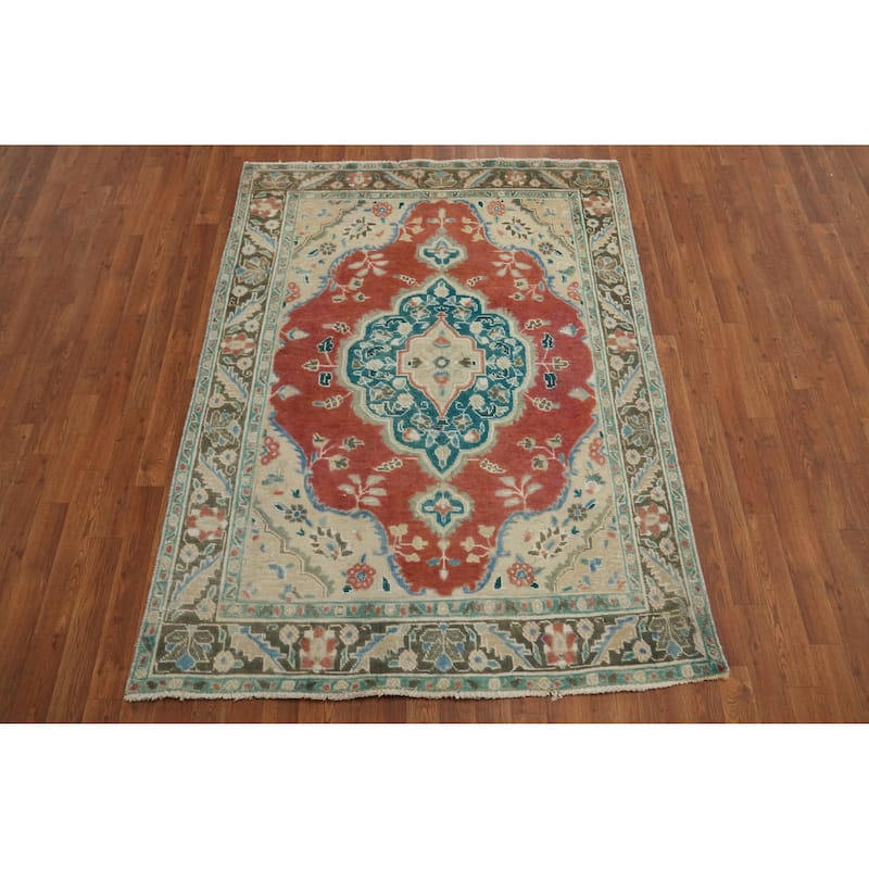 Hand Knotted Oriental 100% Wool Carpet Traditional Floral Oranges & Rust Tabriz Area Rug - 6' 0'' X 4' 7''