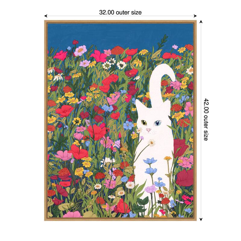 White Cat in the Wildflowers by Ec Mazur Framed Canvas Wall Art - 32 x 42 in