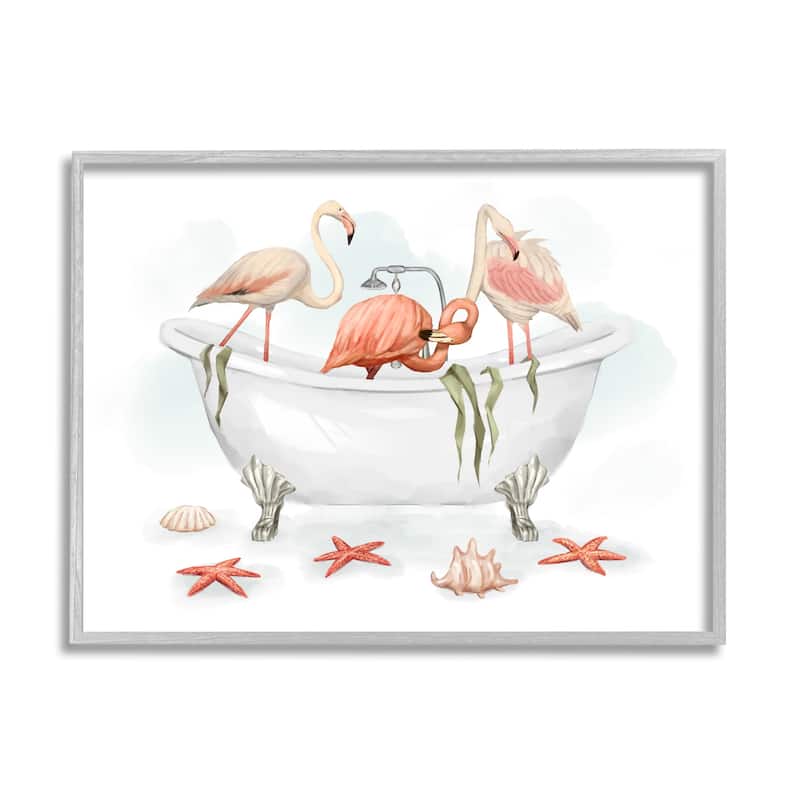 Stupell Flamingo Trio in Nautical Tub Seaside Bathroom Framed Wall Art