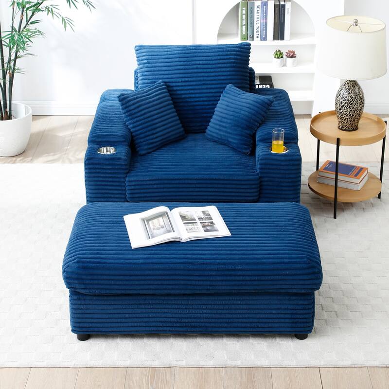 Set of 2 Sofa Armhair & Storage Ottoman, Corduroy Single Chaise Lounge with Extra Wide Armrests and Cup Holders