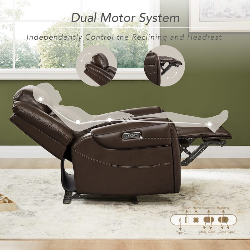 Spruce & Spring Leo Dual Motor Genuine Leather Power Recliner With Power Headrest