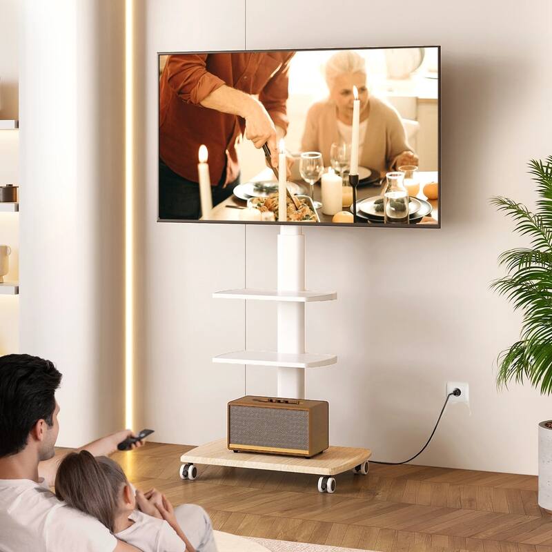FITUEYES Rolling TV Stand for 32-70 Inch TVs with Power Strip, Height Adjustable with Wheels Wood Base Hold up to 88 lbs - White