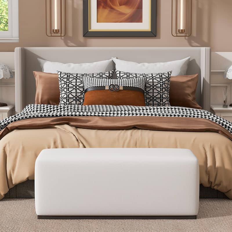 Christopher Knight Home-Micky Linen and Rubber Wood Ottoman - White