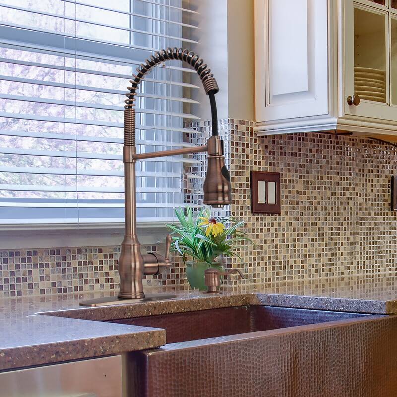 Copper Pre-Rinse Spring Kitchen Faucet Single Level Handle and Pull Down Sprayer