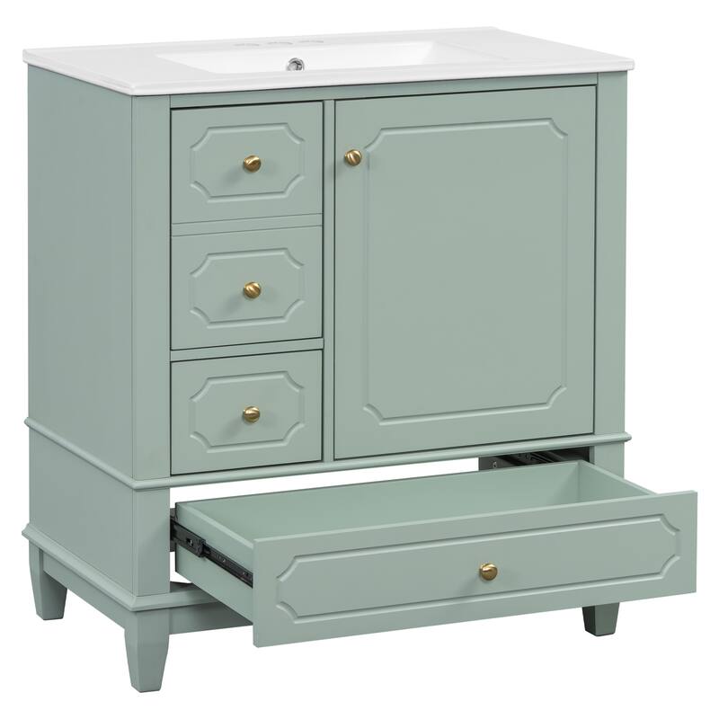 30" Bathroom with Sink,Cabinet with Basin,Wood Frame,Soft-Close Door,3 Drawers,Painted MDF & Rubber Wood,Shelves Included
