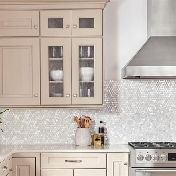 slide 1 of 14, Merola Tile Conchella Penny White 11.25" x 1.63" Natural Seashell Mosaic Tile