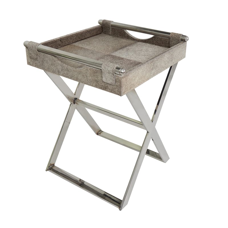 Leather Tray Table Side End Accent Table with Diagonal Silver Legs and Handles - Grey - Roche River Decor - Grey - 19"W,25"H