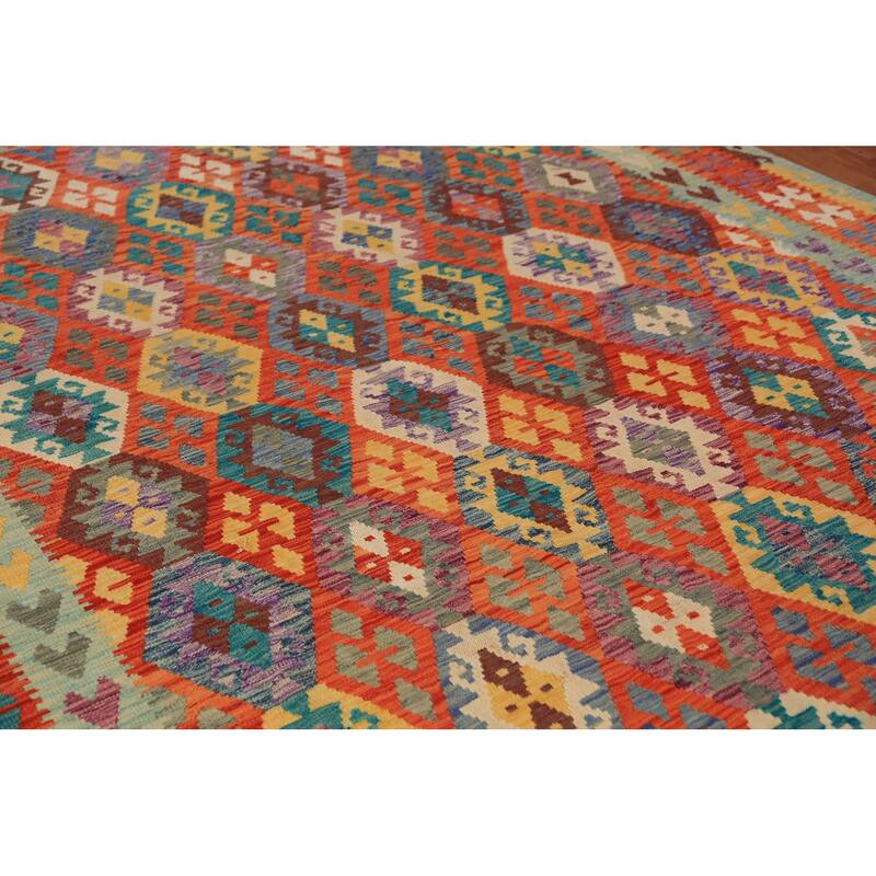 Orange Kilim Reversible Rug Flatweave Oriental Wool Carpet - 8'5"x 11'2"