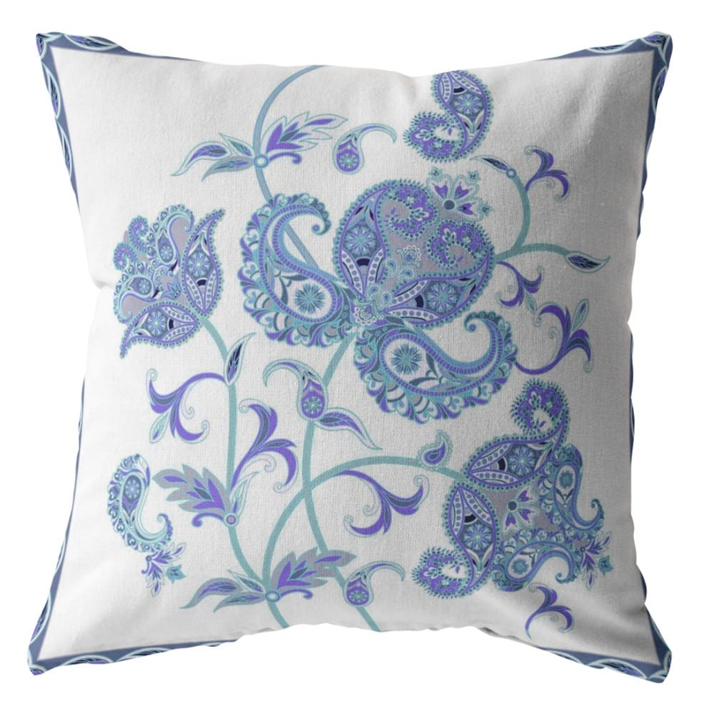 16" Blue White Wildflower Zippered Suede Throw Pillow