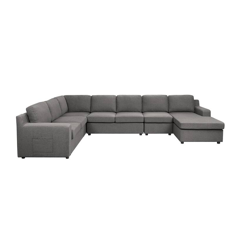 Linen 7-Seater U-Shape Sectional Sofa Chaise with Pocket in Gray - Right Facing - Gray