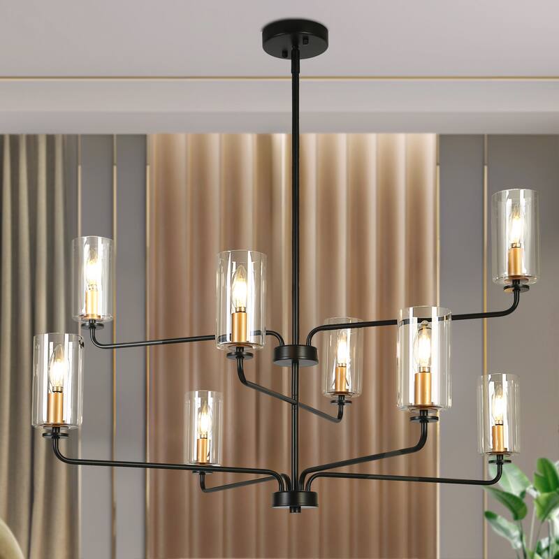 Modern 8-Light Black Gold Chandelier Cylinder Glass Light for Dining Living Room Entryway - D 37" x H 21"