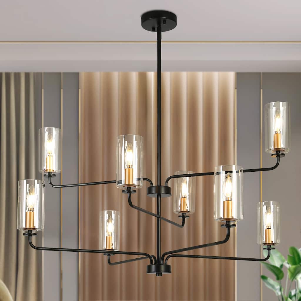 Modern 8-Light Black Gold Chandelier Cylinder Glass Light for Dining Living Room Entryway - D 37" x H 21"