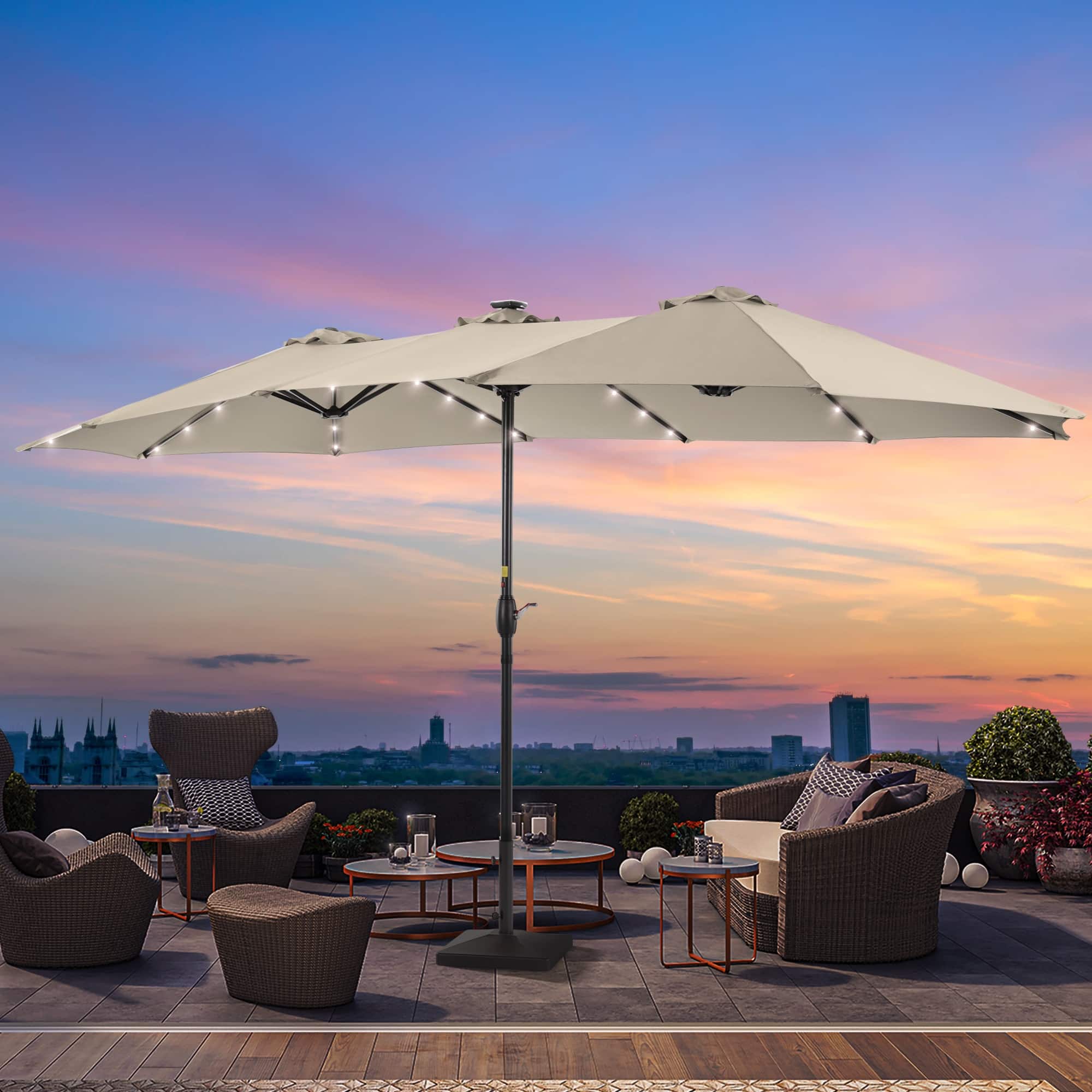 best 15' patio umbrella 15 ft Outdoor Double-Sided with 48 Solar LED Lights and Umbrella Base Orange The beautiful canopy is made from 100% polyester PHI VILLA 15ft Large Outdoor