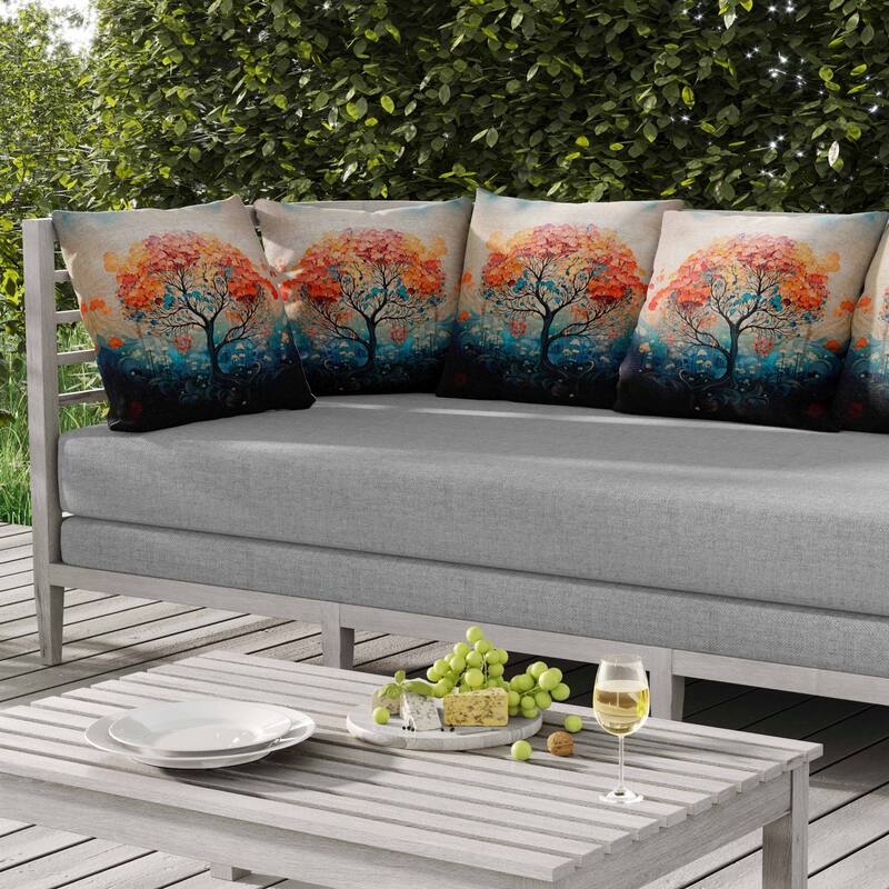 Beautiful Tree of Life Indoor/Outdoor Reversible Throw Pillow Orange and Blue
