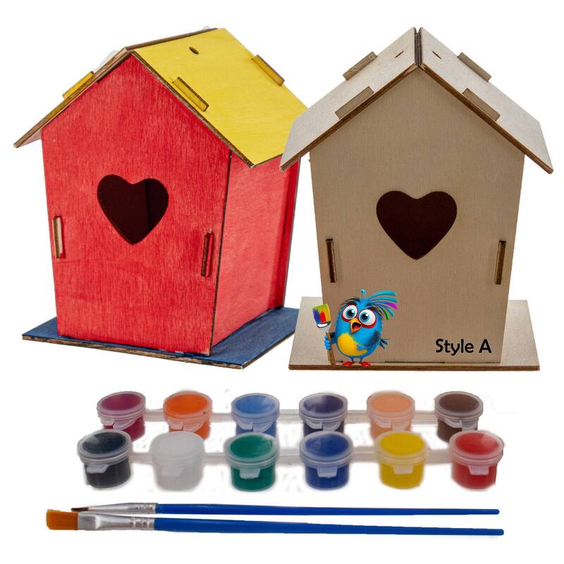 DIY Birdhouse Homemade Wooden - Build Your Own Bird House w/ Easy Painting Kit - Style A