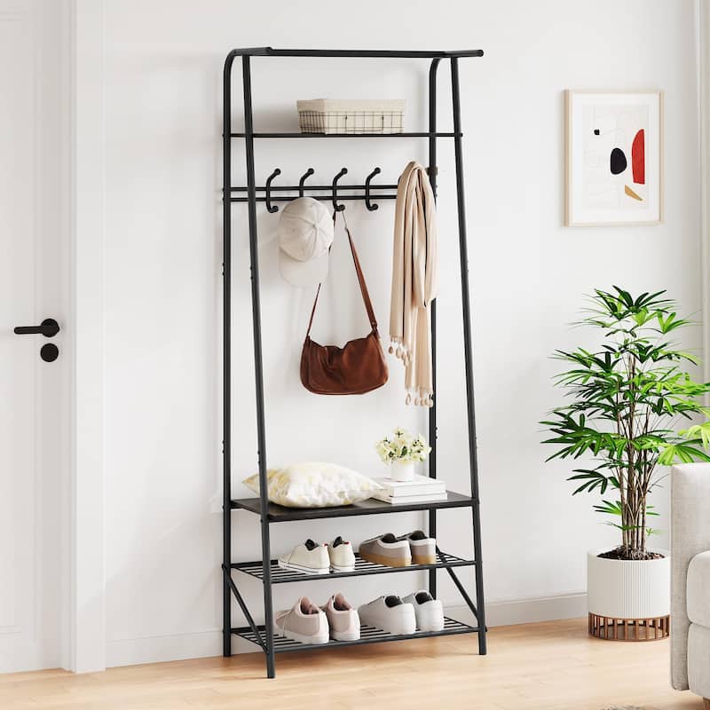Hall Tree With Shoe Storage Bench, 4-In-1, Steel Frame With 10 Hooks for Entryway, Freestanding Coat Rack Stand - Black