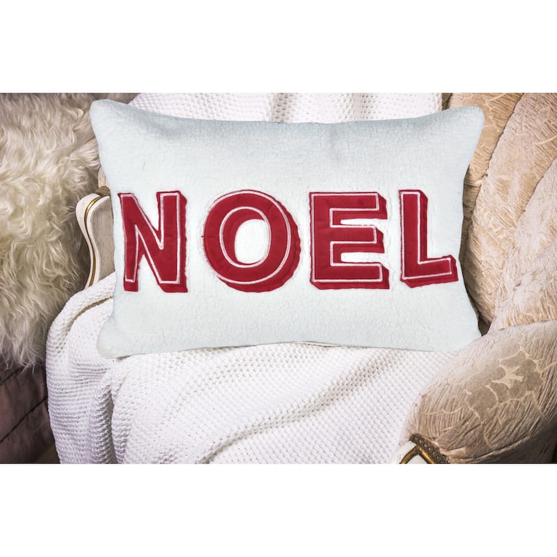 Noel Christmas Throw Pillow with Insert - 14x20" White Sherpa Accent Cushion in Red and Ivory