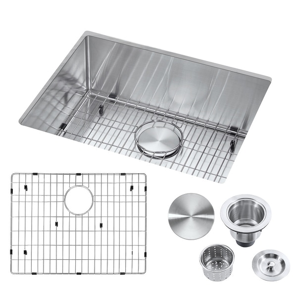 23" Undermount Single Bowl Stainless Steel Handmade Kitchen Sink & Drain Strainer, Bottom Grid, All in One (23" x 18" x 9"). Opens flyout.