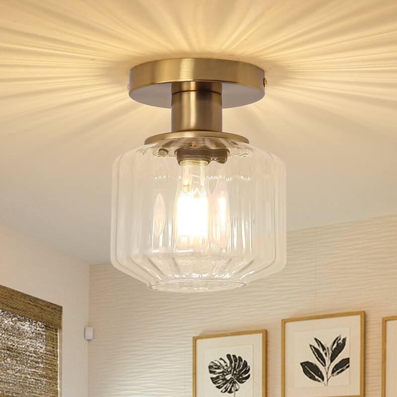 Modern Gold Glass Small Semi Flush Mount Ceiling Fixture - D 5.9" x H 7.5"
