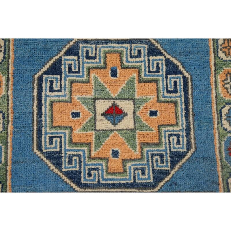 Blue Geometric Kazak Runner Rug Hand-Knotted Oriental Wool Carpet - 2'8" x 9'6"