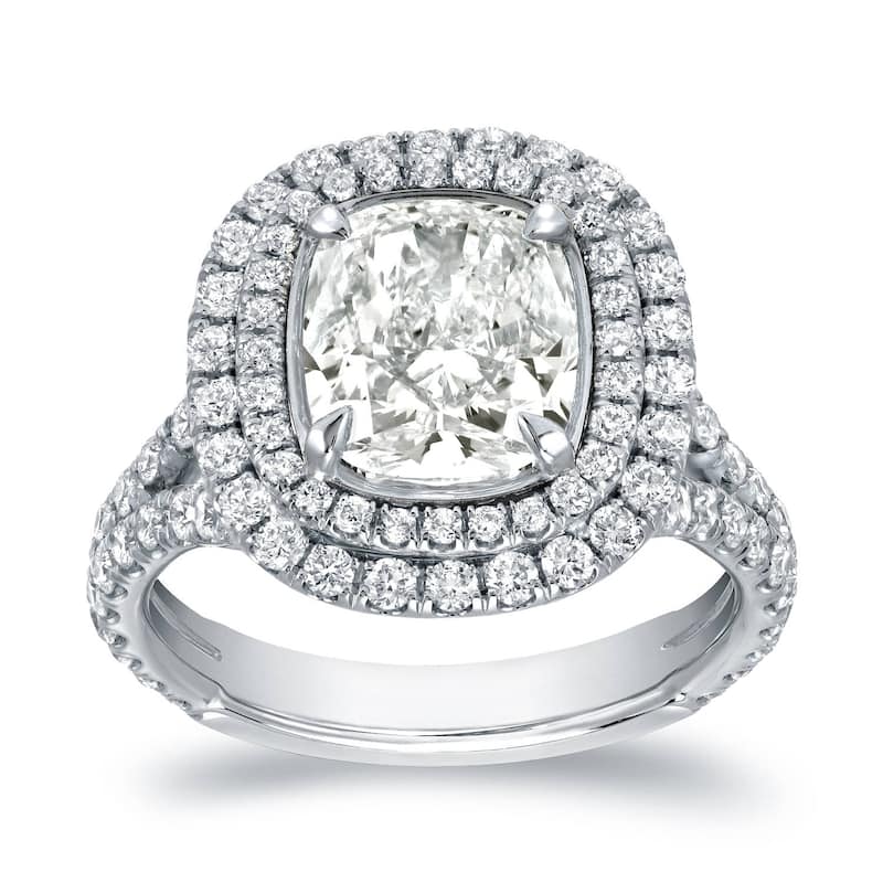 Auriya 18k Gold 4 1/5ctw Cushion-cut Double Halo Diamond Engagement Ring 18k White Gold Certified