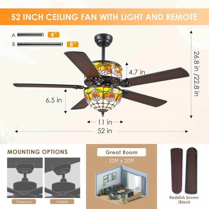 50" TiffanyTropical Ceiling Fan with 5 Palm Leaf Bllades and Vintage Cover Waterproof for Indoor and Outdoor Patio