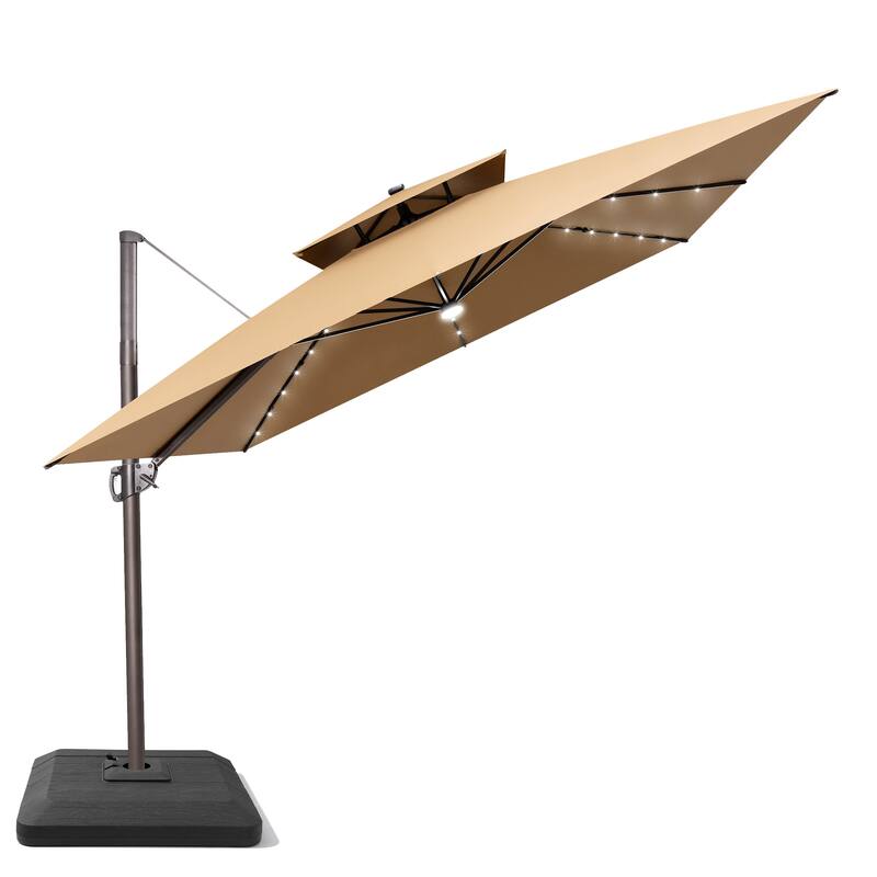 11 FT Square Outdoor Patio Cantilever Umbrella Solar LED Lighted with Weight Base - Tan