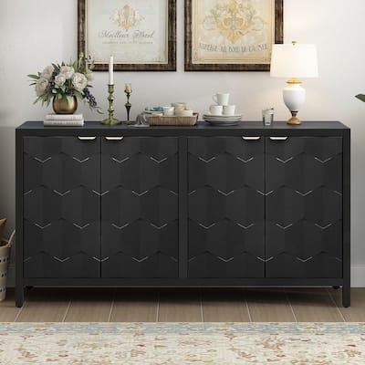 60" Luxurious Four-Door Sideboard with Honeycomb Patterned Doors Buffet/Sideboard