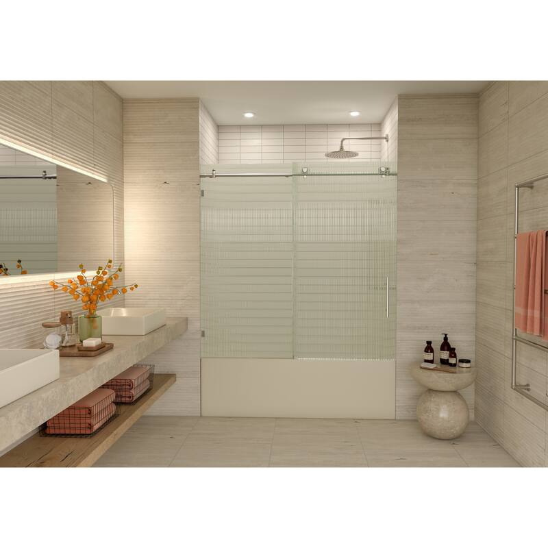 Galaxy 60 in. x 60 in. Fully Frameless Fluted Glass Sliding Bathtub Doors - Righthand