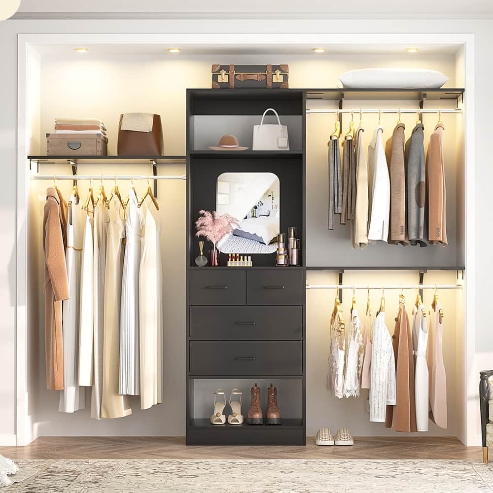 25'' - 96" W Closet System with 4 Wooden Drawers and Mirror, Walk-in Closet Organizer Kits with 3 Extendable Hanging Rods