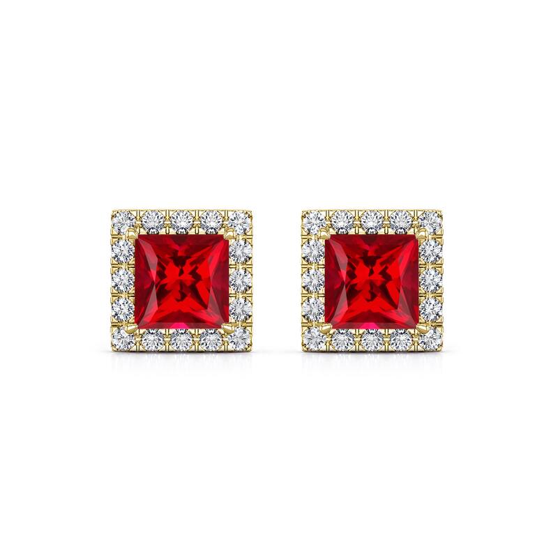 Auriya 14k Gold Lab Grown Gemstone Ruby Stud Earrings Princess 0.25 to 5.00 ct. tw. Halo Push-Back