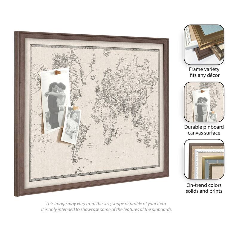 Kate and Laurel Framed Fabric Pinboard Vintage Black and White Linen World Map Wall Organization