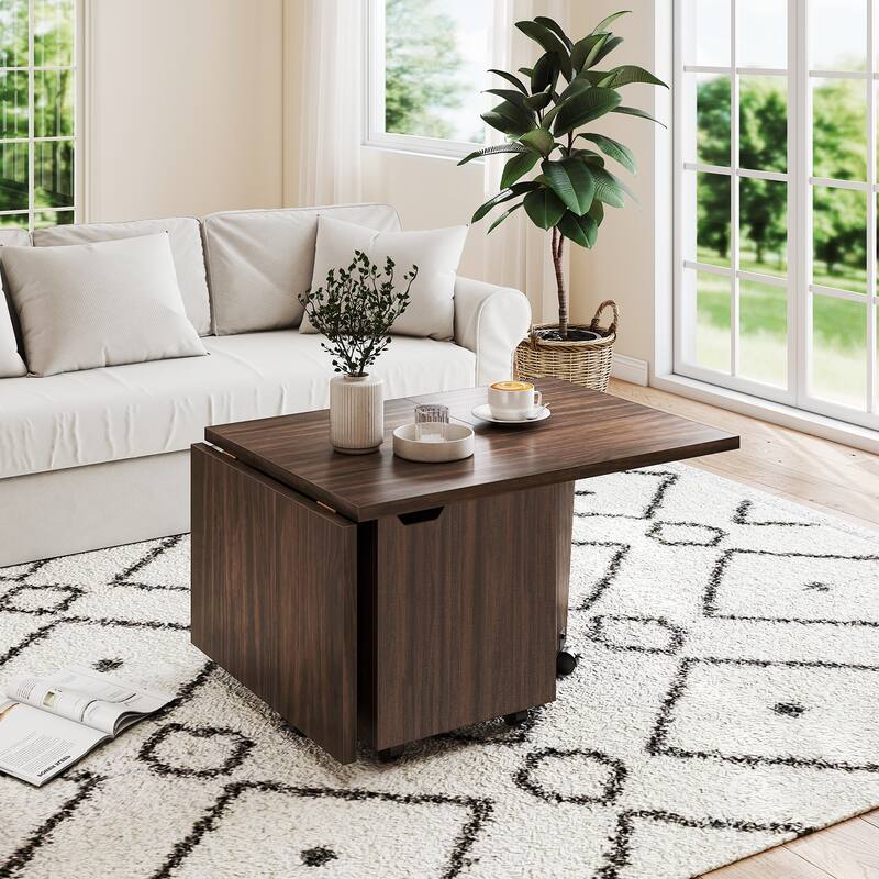 Folding Coffee Table with Storage Cabinet Expandable Living Room Table on Wheels with Quick Folding Top - 48" x 24" x 18"