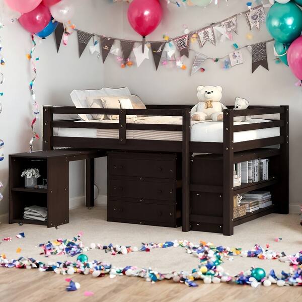 slide 2 of 9, Full Size Loft Bed With Cabinet,Shelves And Rolling Portable Desk Espresso