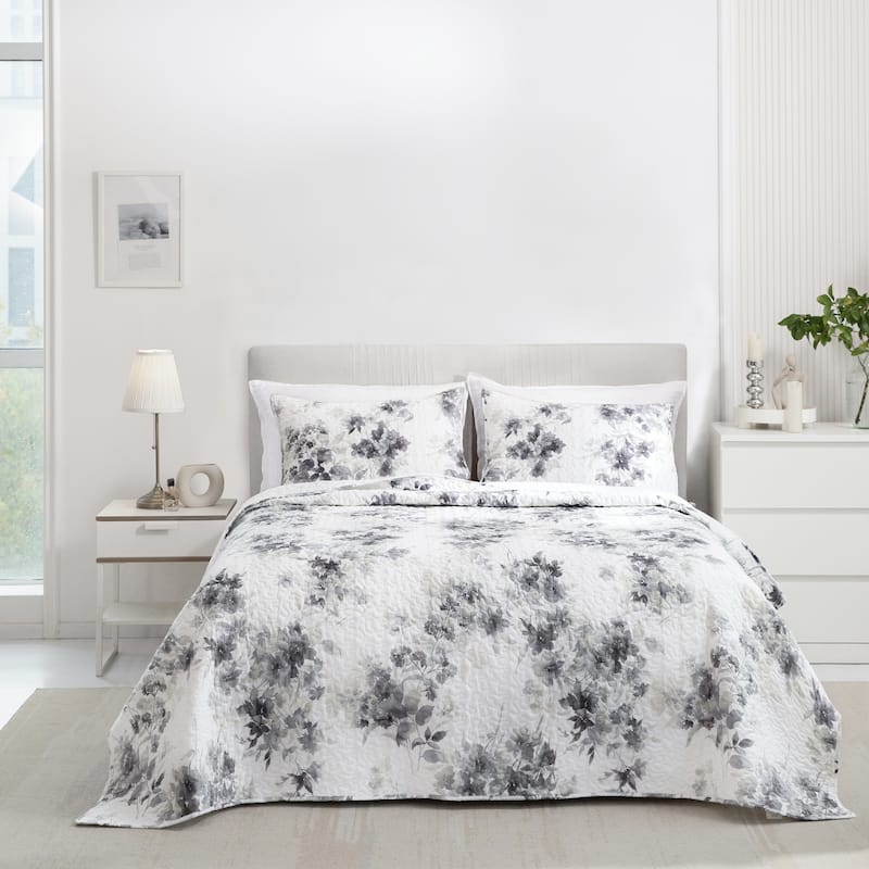 Wonderful Sophia Lightweight Floral Quilt Set - 22027 White & Grey - Queen