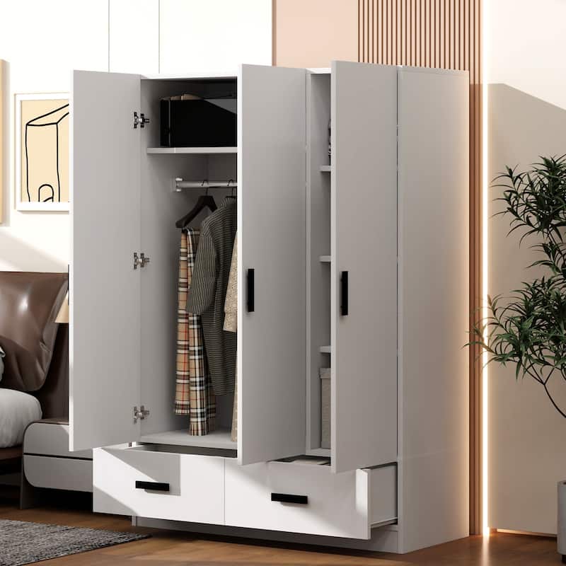 Roomfitters 3-Door Wardrobe Closet with Hanging Rod, Multi-Tier Shelves and Hidden Storage Compartments, White