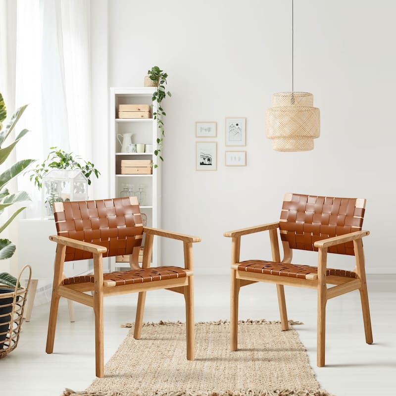 Woven Leather Dining Chairs with Solid Wood Frame - 29.7"H x 21.7"W x 22.8"D